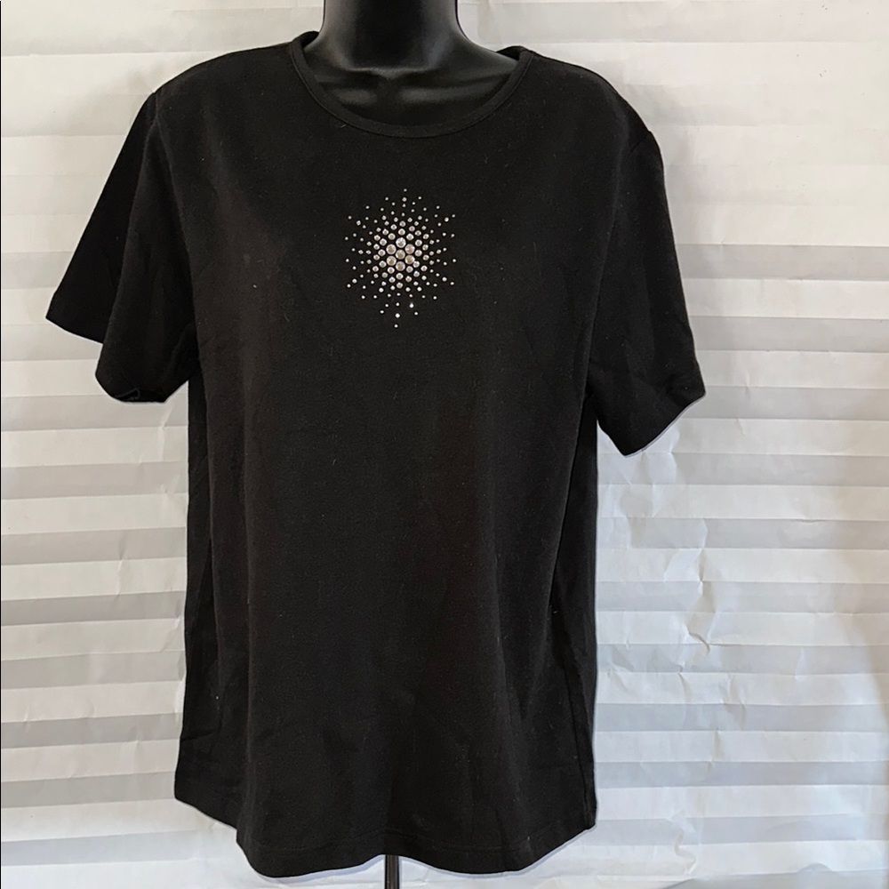 Quacker Factory Women's Black T-Shirt Size L Crystal Embellished Sparkle Top